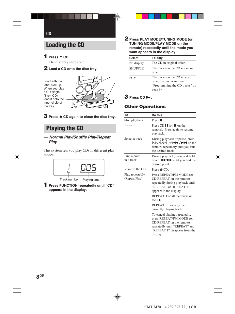 Loading the cd, Playing the cd | Sony CMT-M70 User Manual | Page 8 / 24