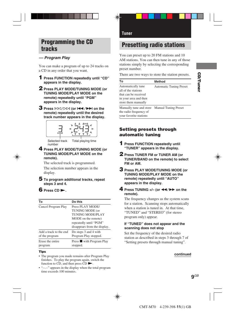 Programming the cd tracks, Tuner, Presetting radio stations | Sony CMT-M70 User Manual | Page 9 / 24