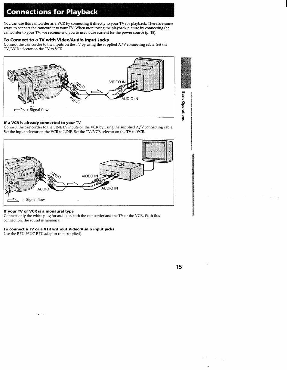 Connections for playback, To connect to a tv with video/audio input jacks | Sony CCD-TR83 User Manual | Page 15 / 52