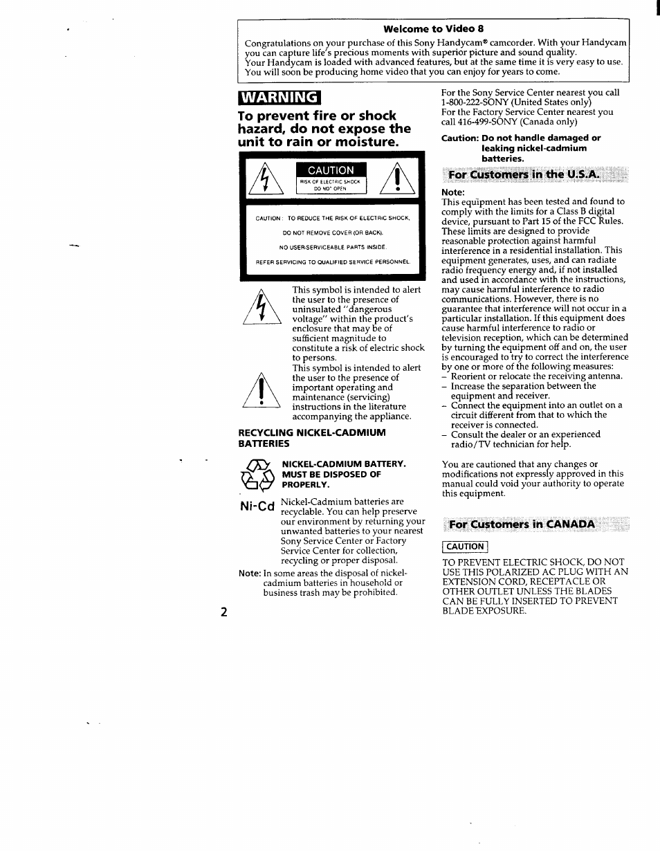 Welcome to video 8, Recycling nickel-cadmium batteries, For customers in the u.s.a | For customers in canada, Ni-cd | Sony CCD-TR83 User Manual | Page 2 / 52