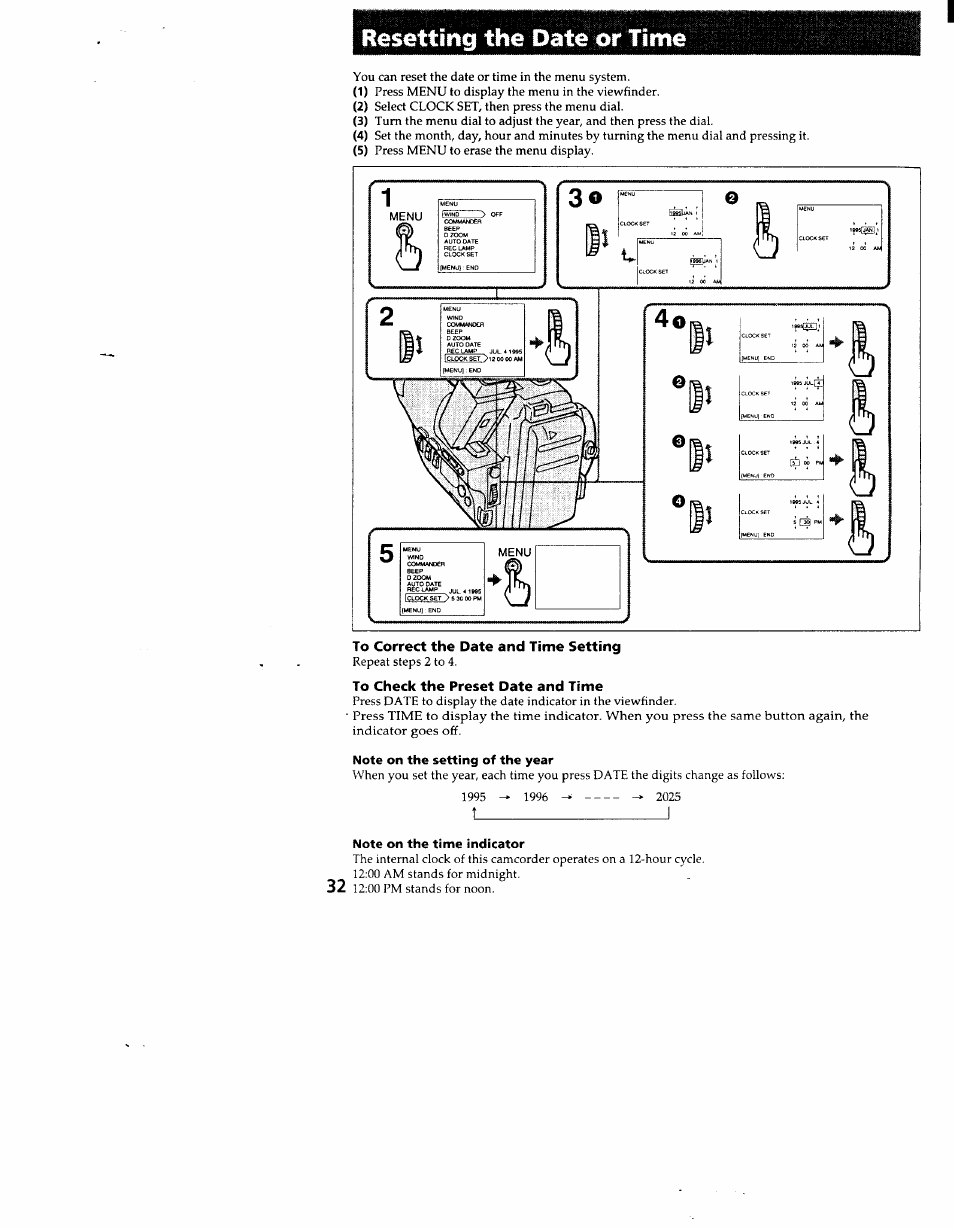 Resetting the date or time, To correct the date and time setting, To check the preset date and time | Sony CCD-TR83 User Manual | Page 32 / 52
