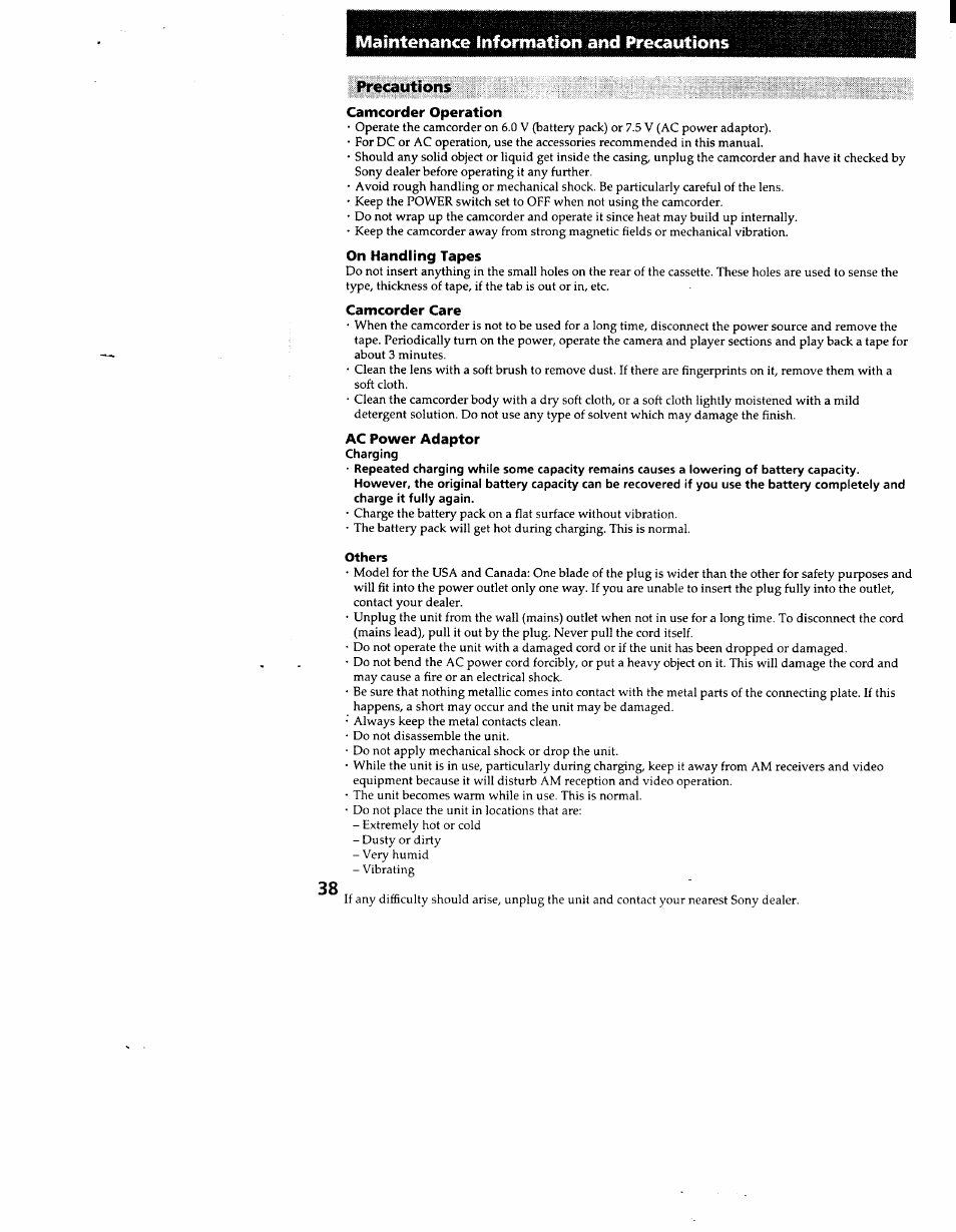 Maintenance information and precautions, Precautions, Camcorder operation | On handling tapes, Camcorder care, Ac power adaptor | Sony CCD-TR83 User Manual | Page 38 / 52