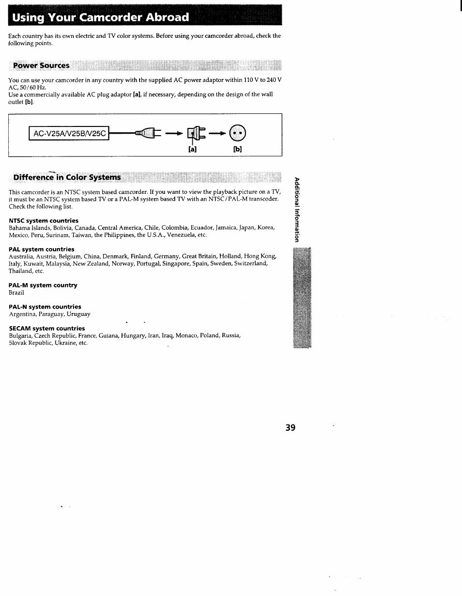 Using your camcorder abroad, Power sources, Difference in color systems | Sony CCD-TR83 User Manual | Page 39 / 52