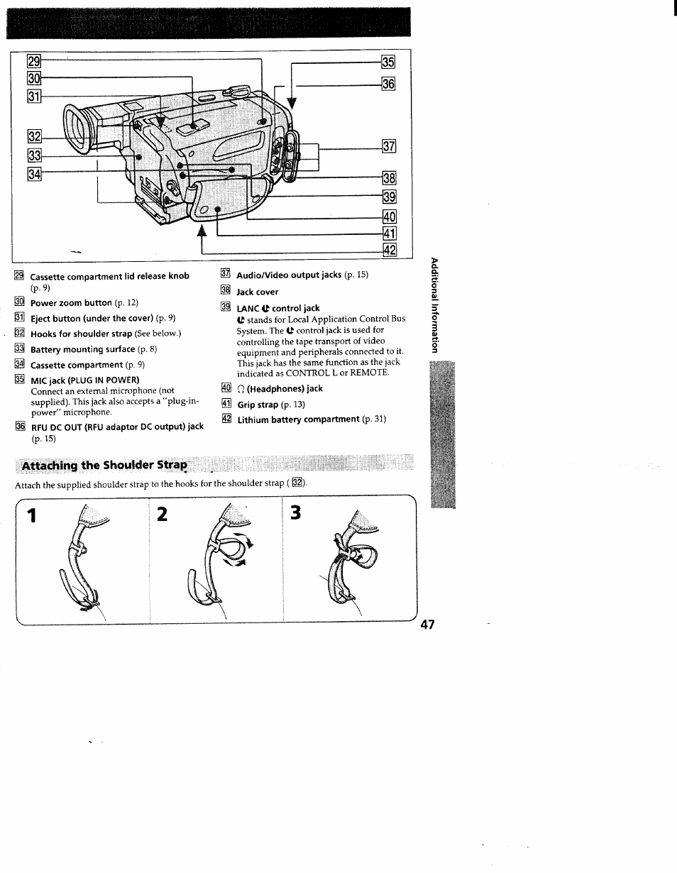 Attaching the shoulder strap | Sony CCD-TR83 User Manual | Page 47 / 52