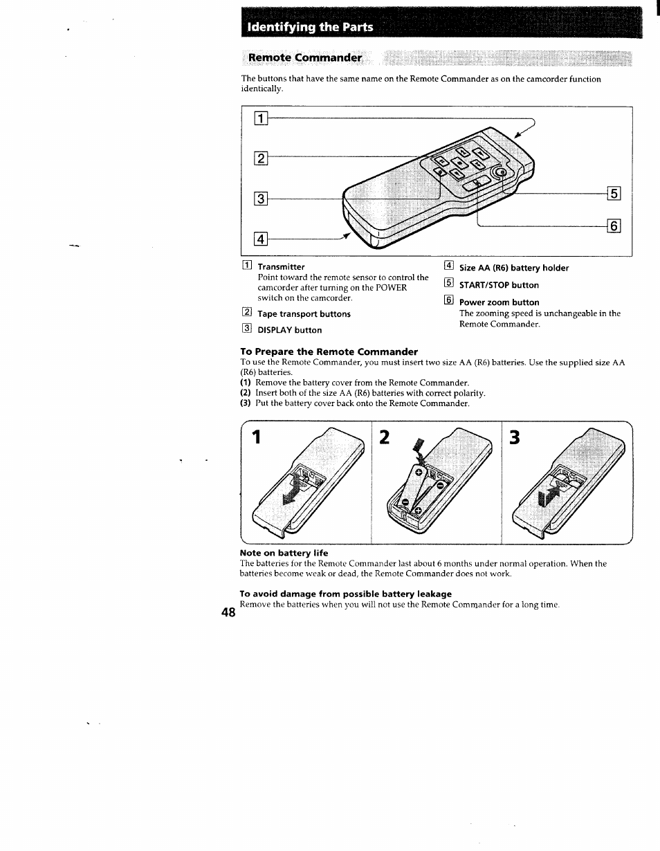 Remote commander, To prepare the remote commander, Identifying the parts | Sony CCD-TR83 User Manual | Page 48 / 52
