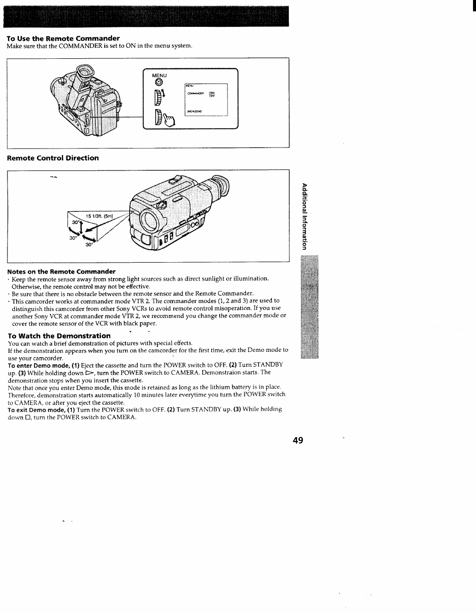 To use the remote commander, Remote control direction, To watch the demonstration | Sony CCD-TR83 User Manual | Page 49 / 52