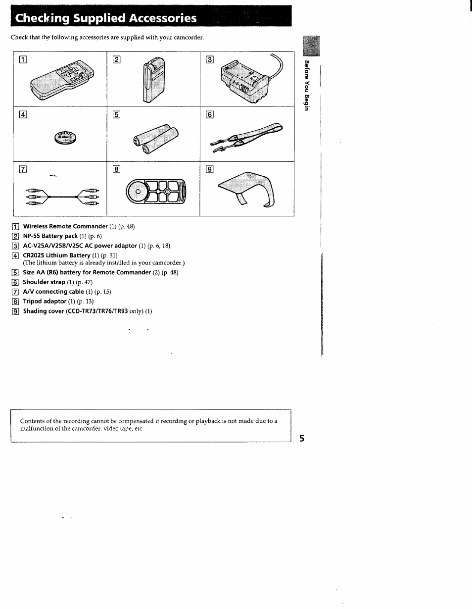 Checking supplied accessories | Sony CCD-TR83 User Manual | Page 5 / 52