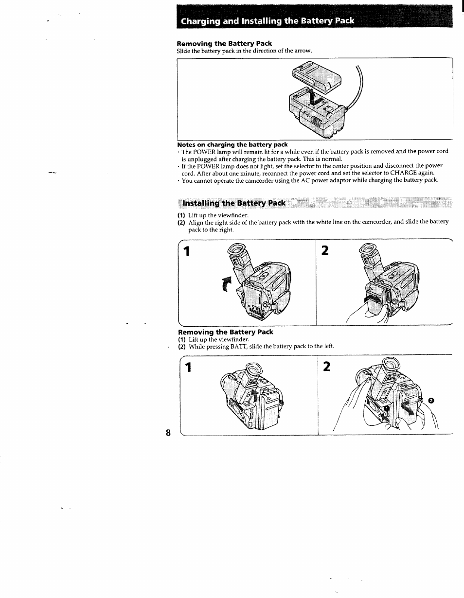 Charging and installing the battery pack, Removing the battery pack, Installing the battery pack | Sony CCD-TR83 User Manual | Page 8 / 52