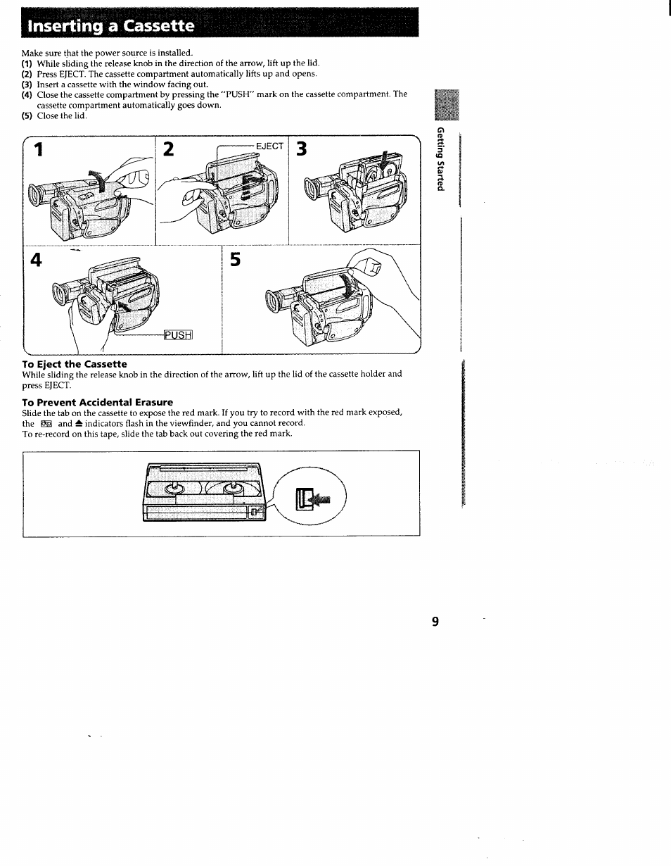 Inserting a cassette, To eject the cassette, To prevent accidental erasure | Sony CCD-TR83 User Manual | Page 9 / 52