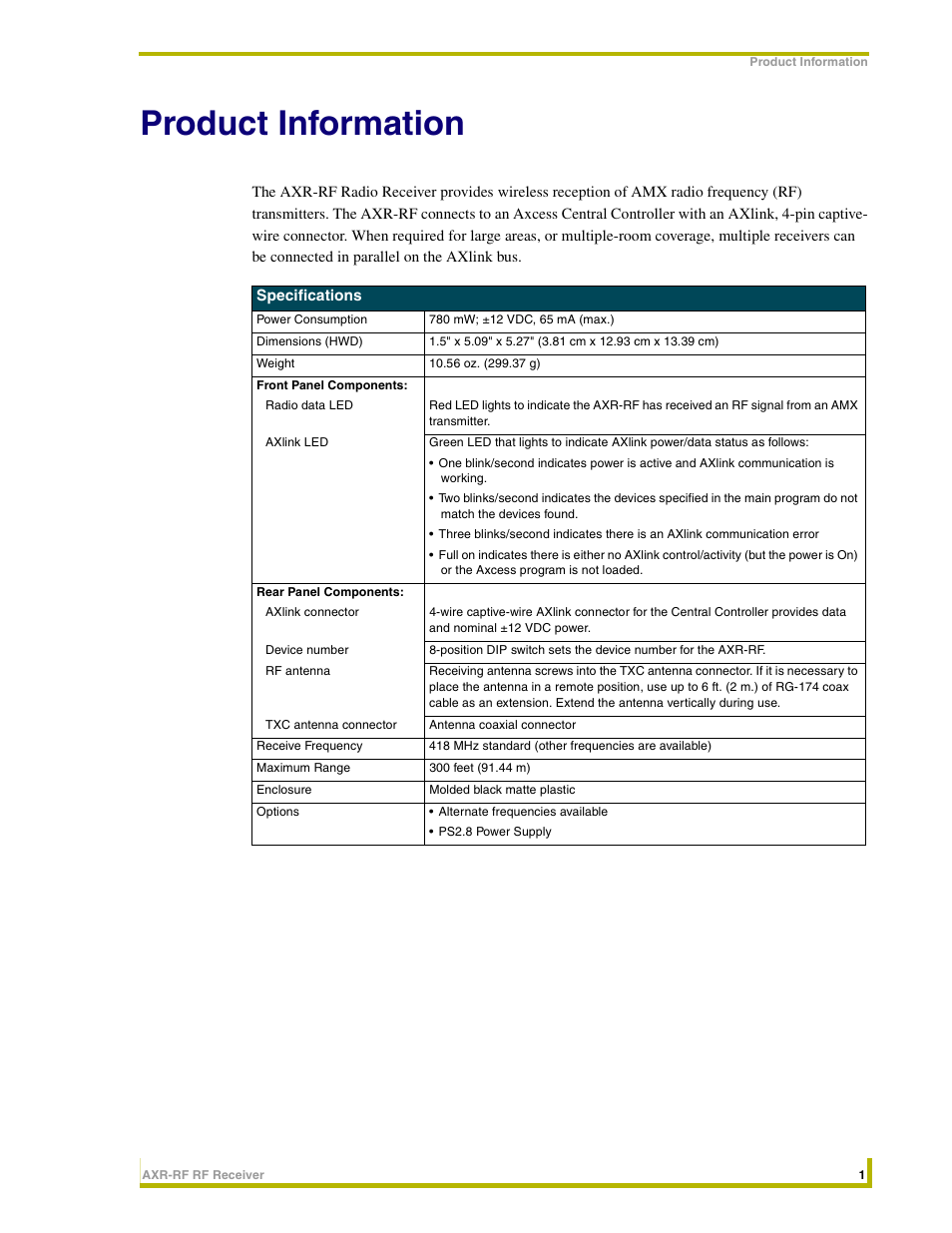 Product information, Introduction | AMX RF Receiver AXR-RF User Manual | Page 5 / 10