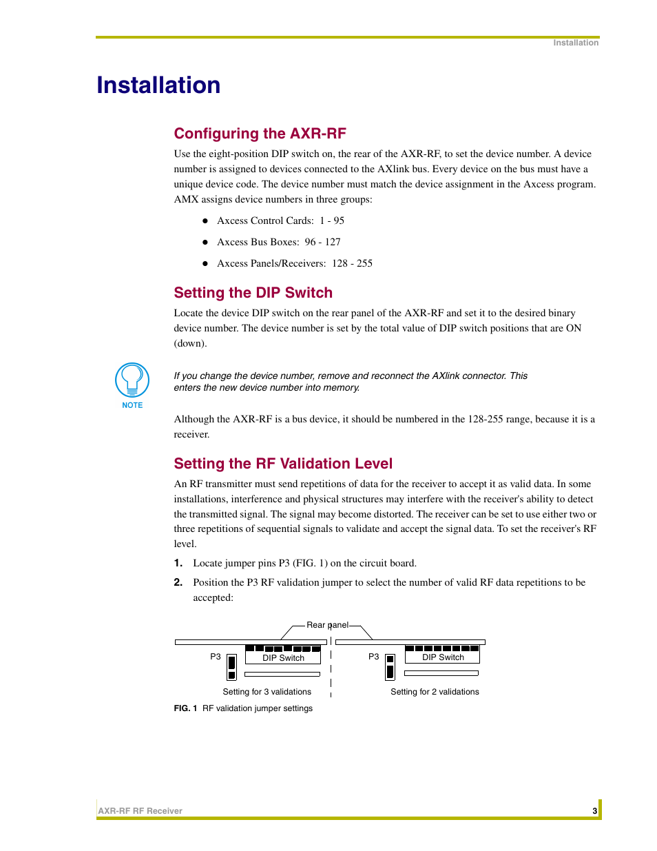 Installation, Configuring the axr-rf, Setting the dip switch | Setting the rf validation level | AMX RF Receiver AXR-RF User Manual | Page 7 / 10