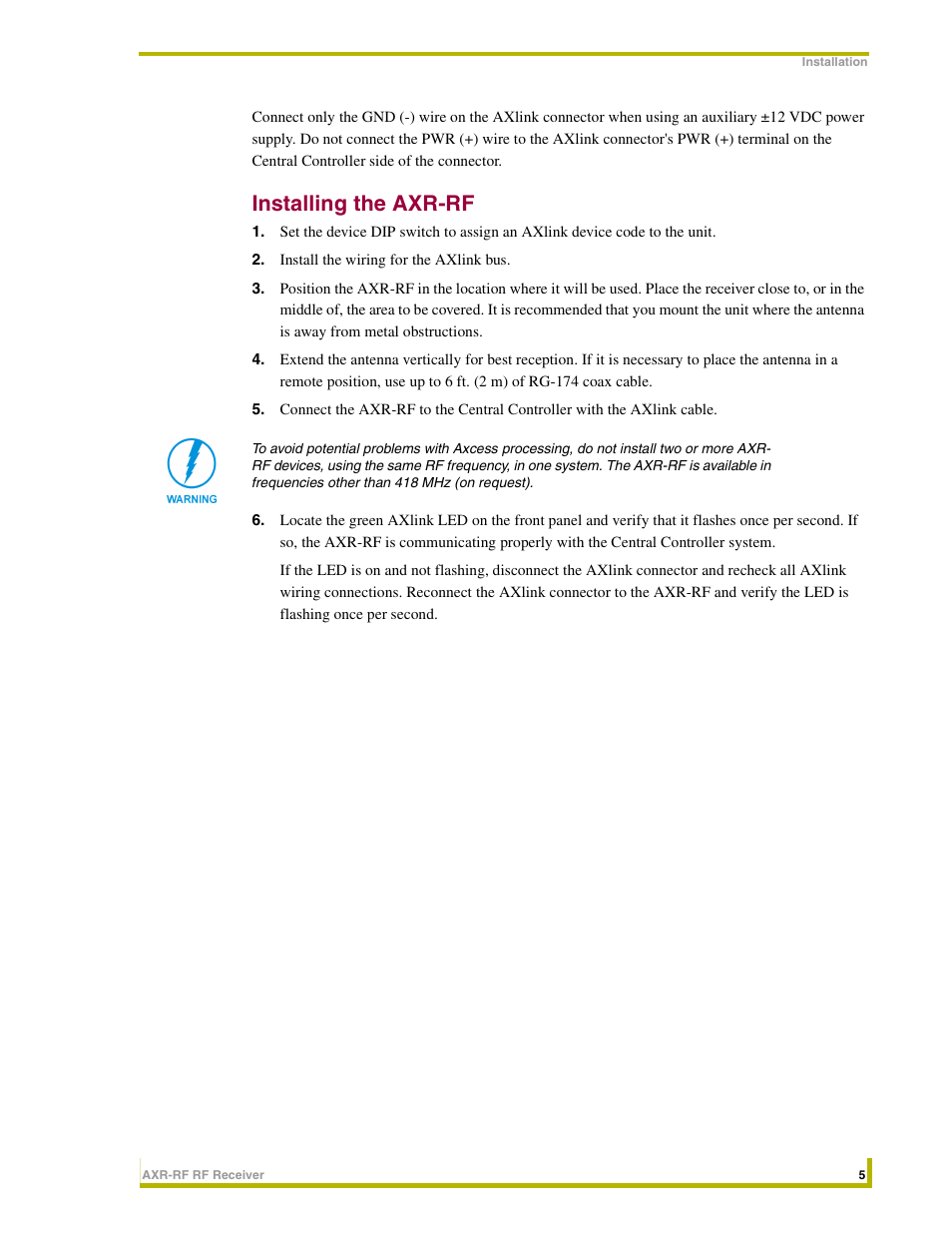 Installing the axr-rf | AMX RF Receiver AXR-RF User Manual | Page 9 / 10