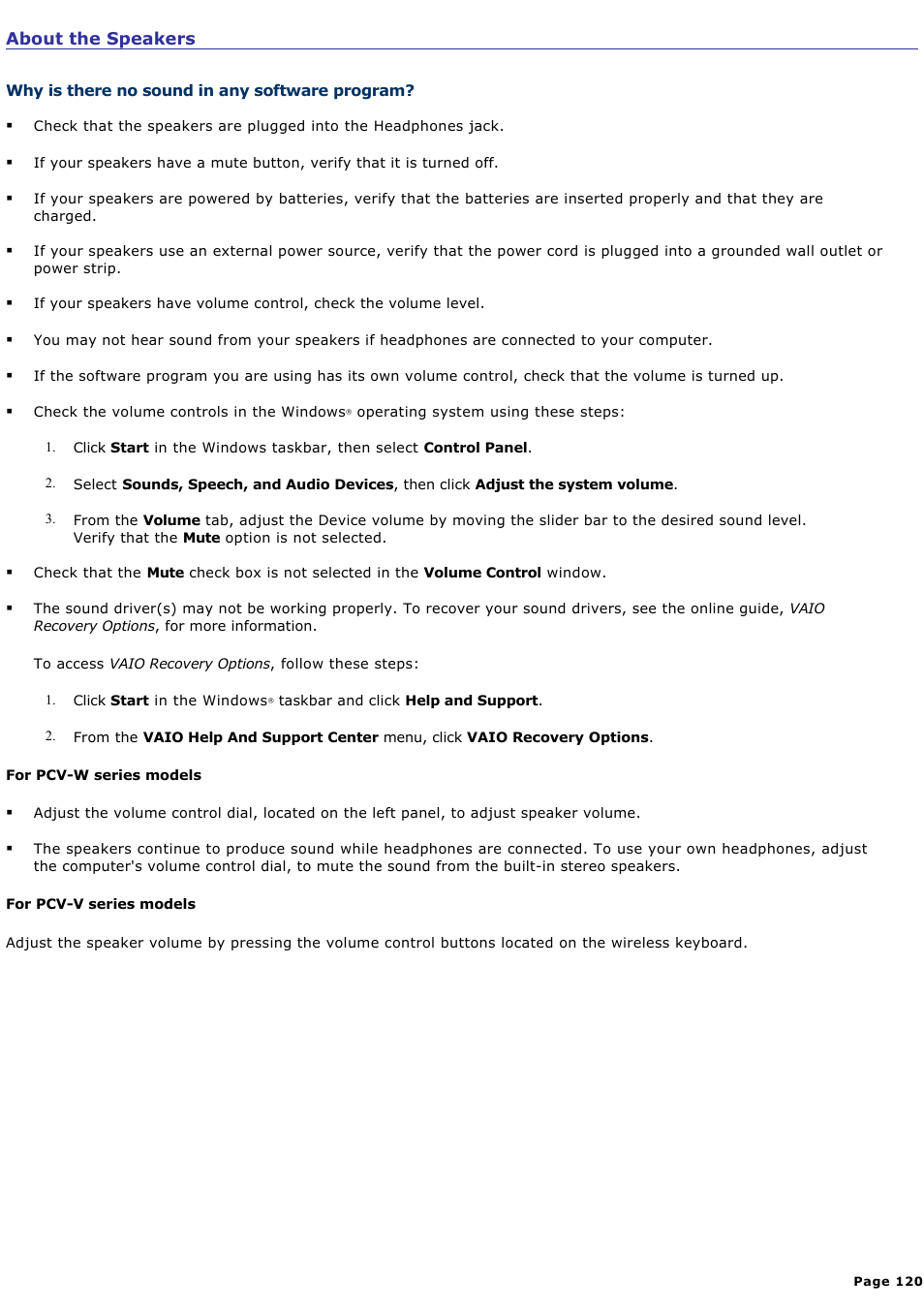 Why is there no sound in any software program | Sony PCV-RS500CGP User Manual | Page 120 / 143