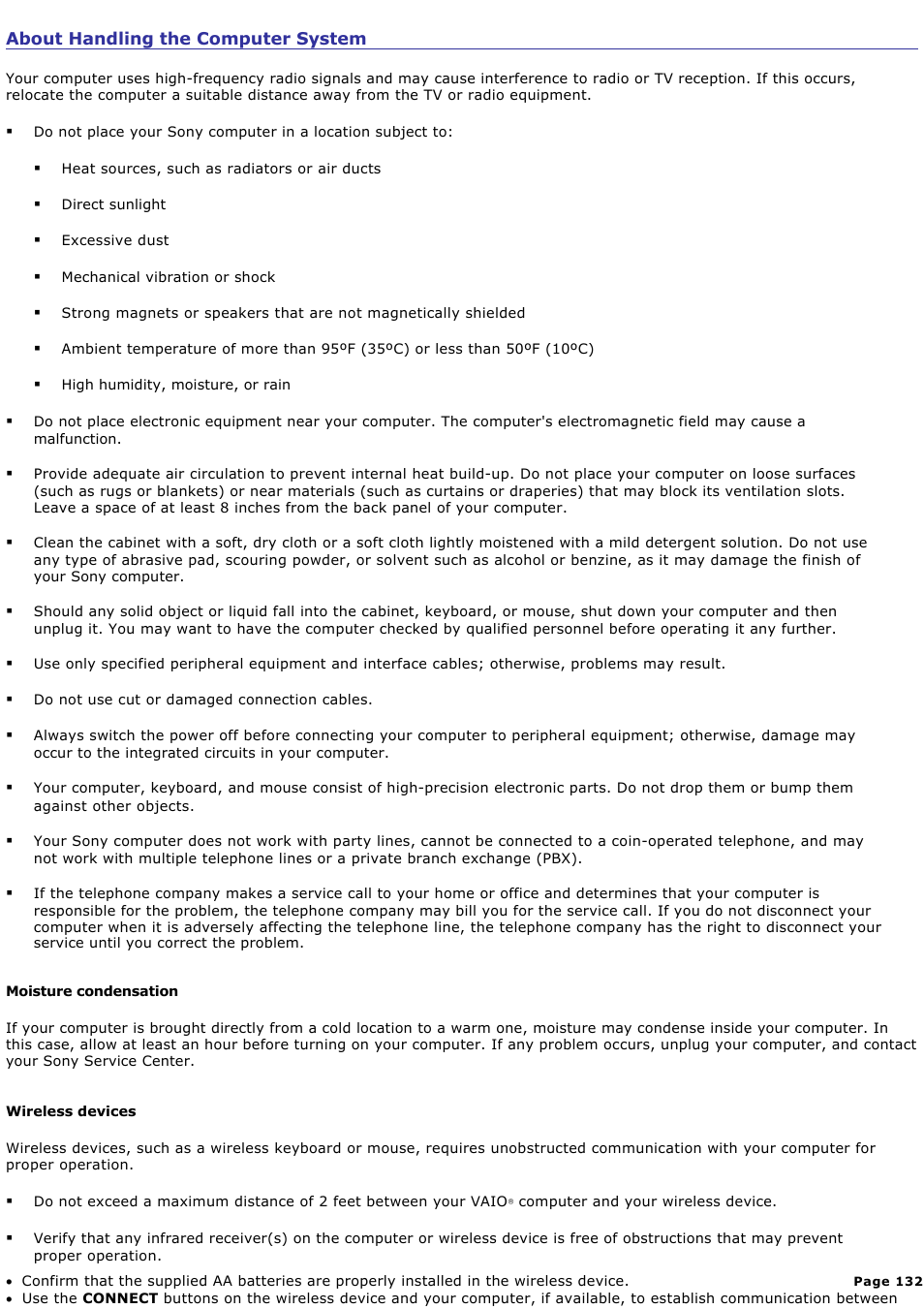 About handling the computer system | Sony PCV-RS500CGP User Manual | Page 132 / 143