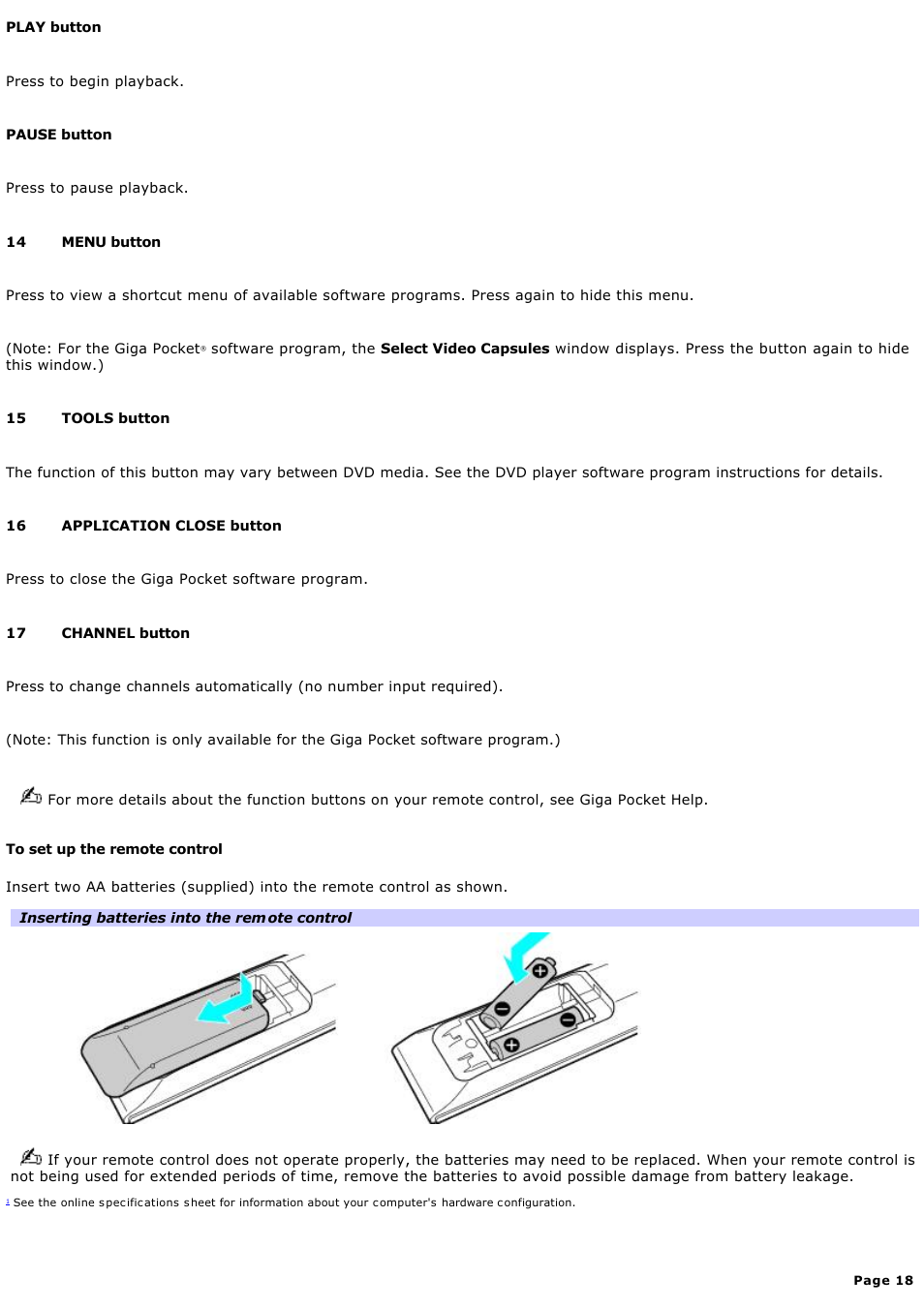 Sony PCV-RS500CGP User Manual | Page 18 / 143