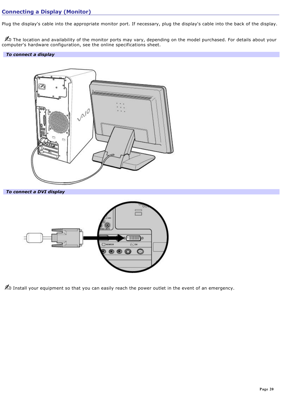 Connecting a display (monitor) | Sony PCV-RS500CGP User Manual | Page 20 / 143