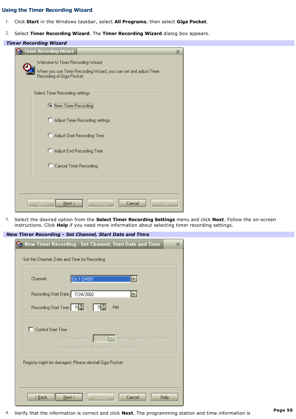 Using the timer recording wizard | Sony PCV-RS500CGP User Manual | Page 50 / 143