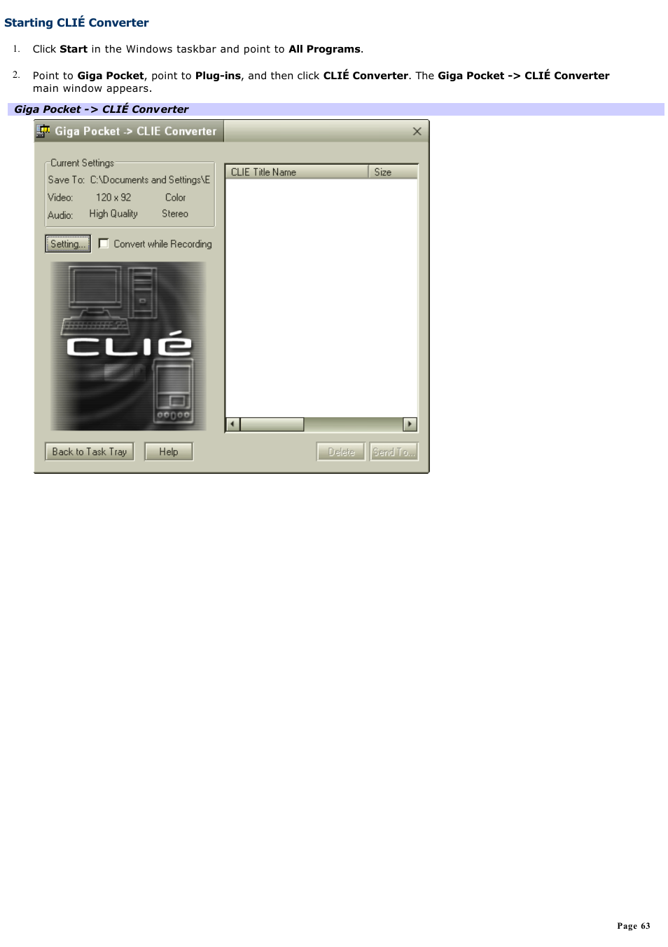 Starting cliÉ converter | Sony PCV-RS500CGP User Manual | Page 63 / 143