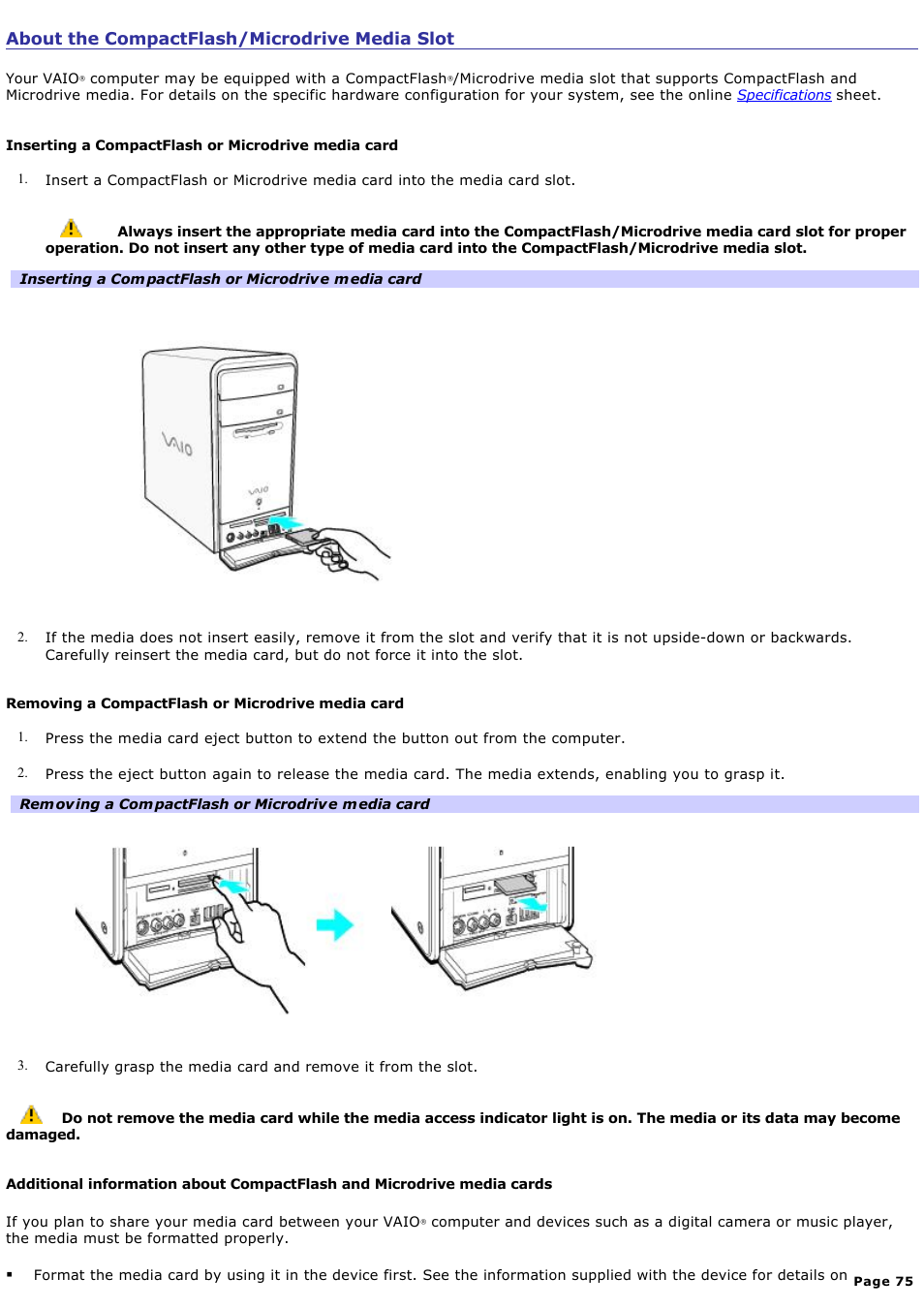 About the compactflash/microdrive media slot | Sony PCV-RS500CGP User Manual | Page 75 / 143