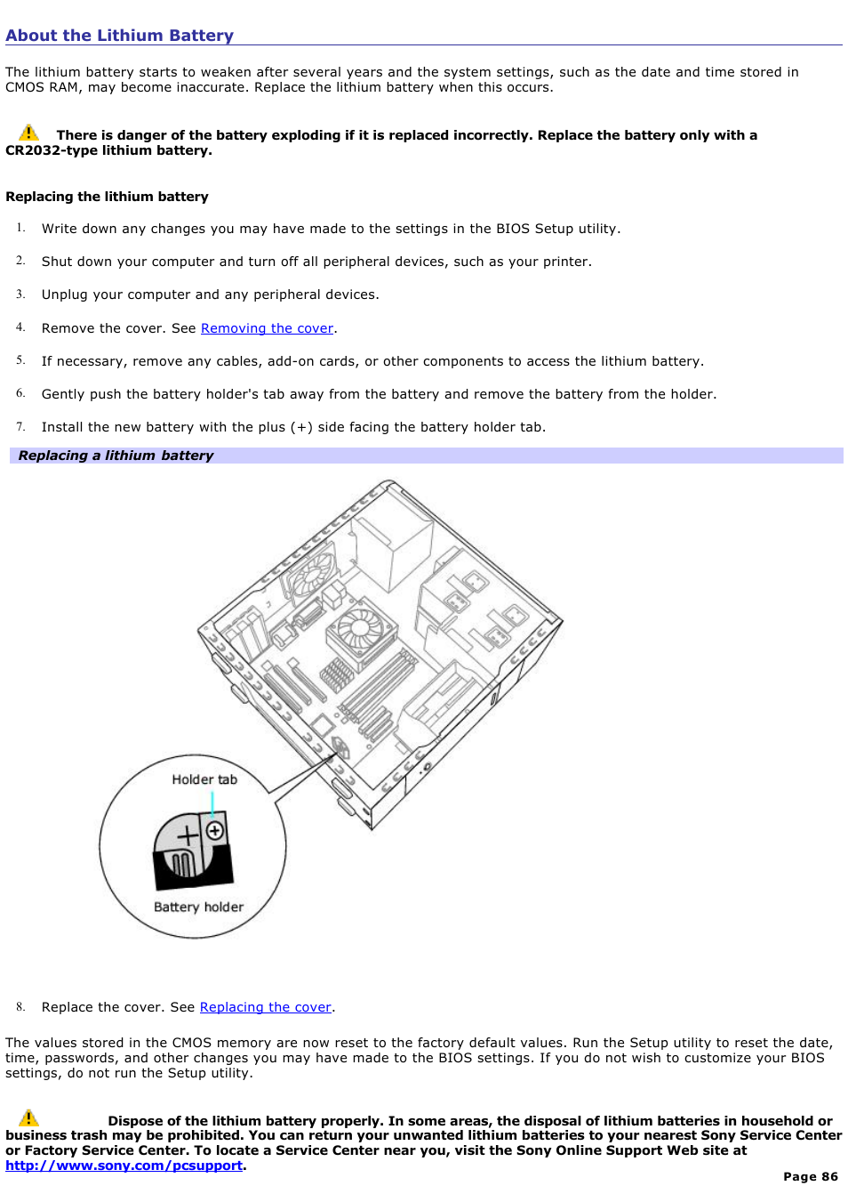 About the lithium battery | Sony PCV-RS500CGP User Manual | Page 86 / 143