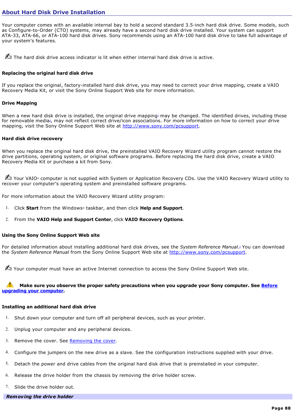 About hard disk drive installation | Sony PCV-RS500CGP User Manual | Page 88 / 143