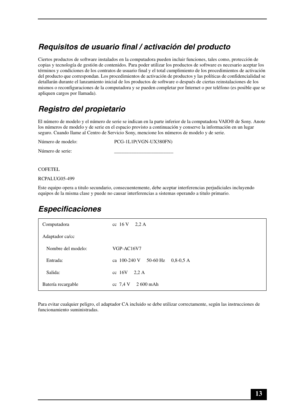 Registro del propietario, Especificaciones | Sony VGN-UX380N User Manual | Page 13 / 16