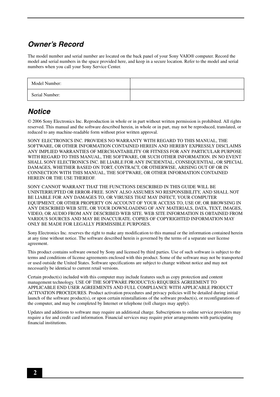 Owner’s record, Notice | Sony VGN-UX380N User Manual | Page 2 / 16