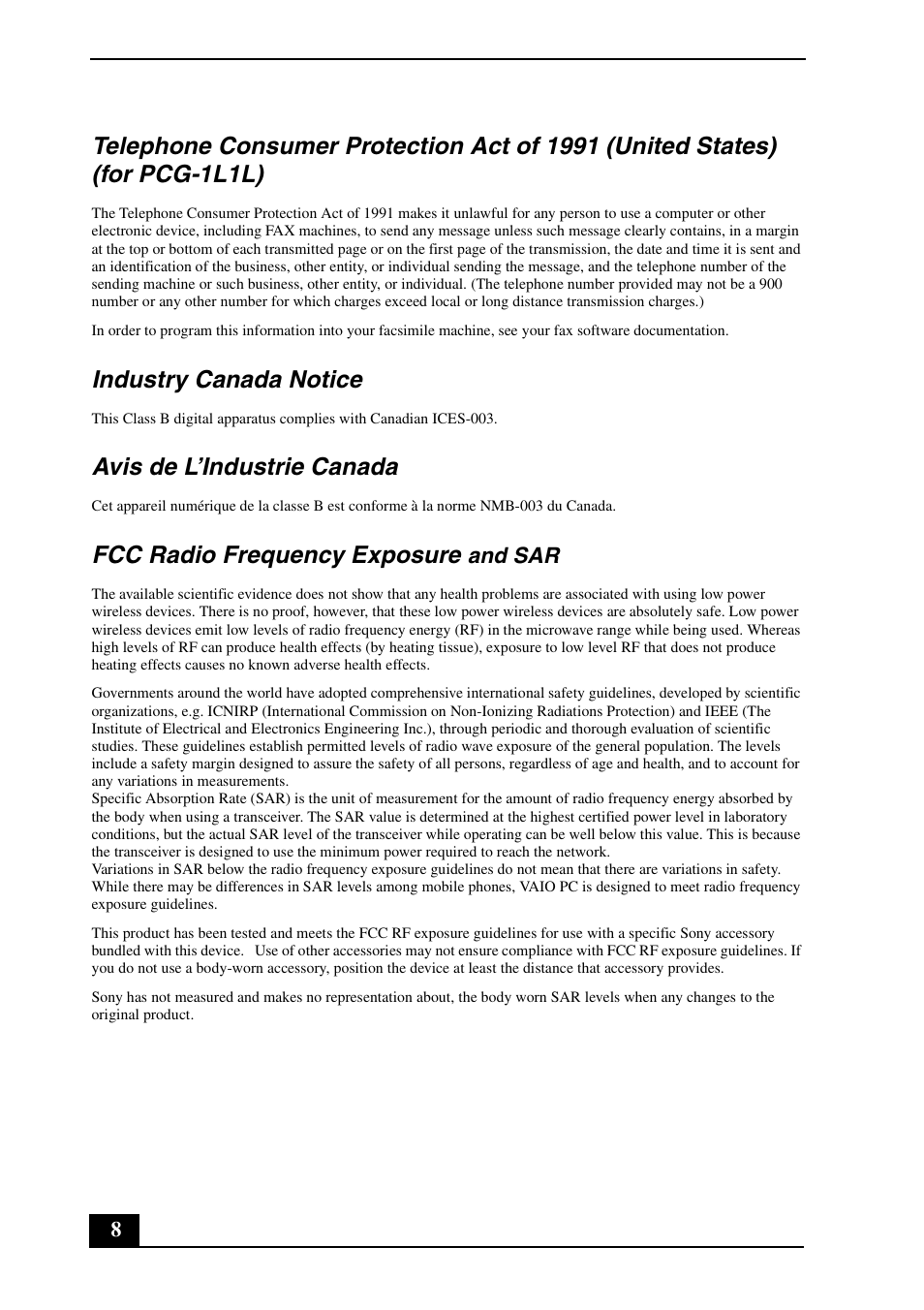 Industry canada notice, Avis de l’industrie canada, Fcc radio frequency exposure | Sony VGN-UX380N User Manual | Page 8 / 16