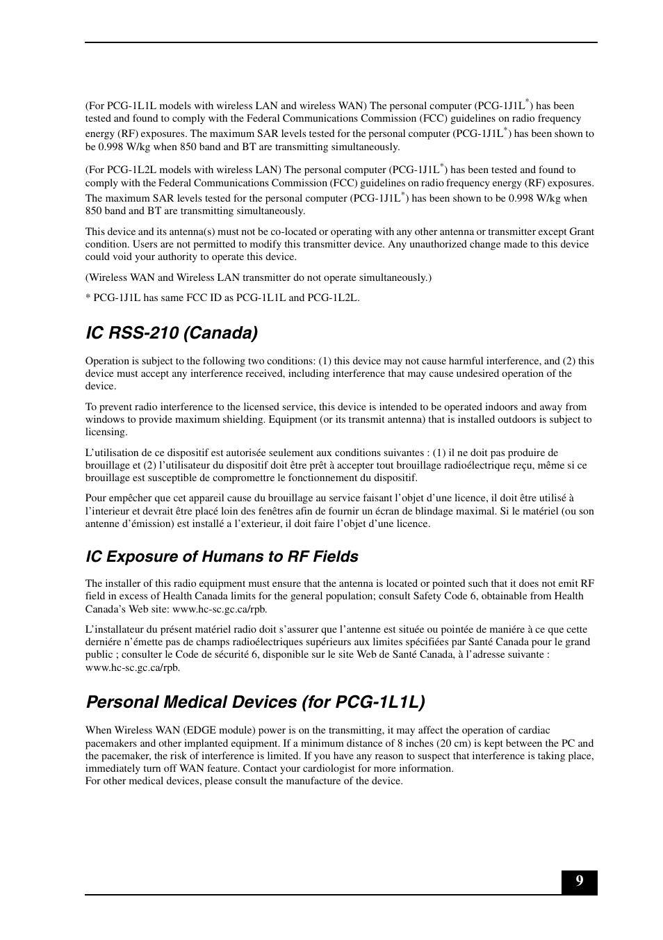 Ic rss-210 (canada), Personal medical devices (for pcg-1l1l), Ic exposure of humans to rf fields | Sony VGN-UX380N User Manual | Page 9 / 16