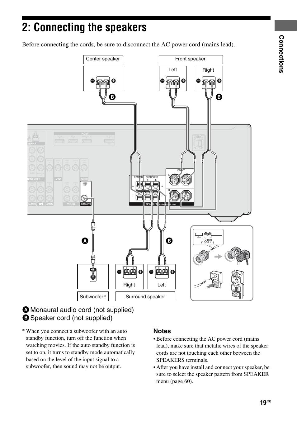 Connecting the speakers, Co nn ecti on s, Left | Right, Left right center speaker, Front speaker subwoofer* surround speaker | Sony STR-DH510 User Manual | Page 19 / 80