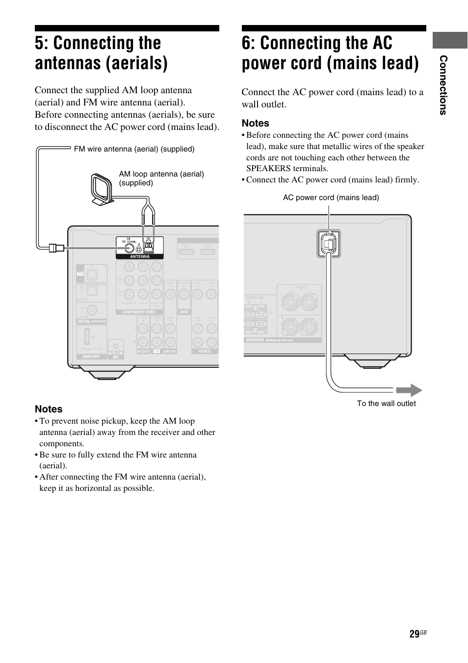 Connecting the antennas (aerials), Connecting the ac power cord (mains lead), Mains lead) | Co nn ecti on s, Ac power cord (mains lead) to the wall outlet | Sony STR-DH510 User Manual | Page 29 / 80