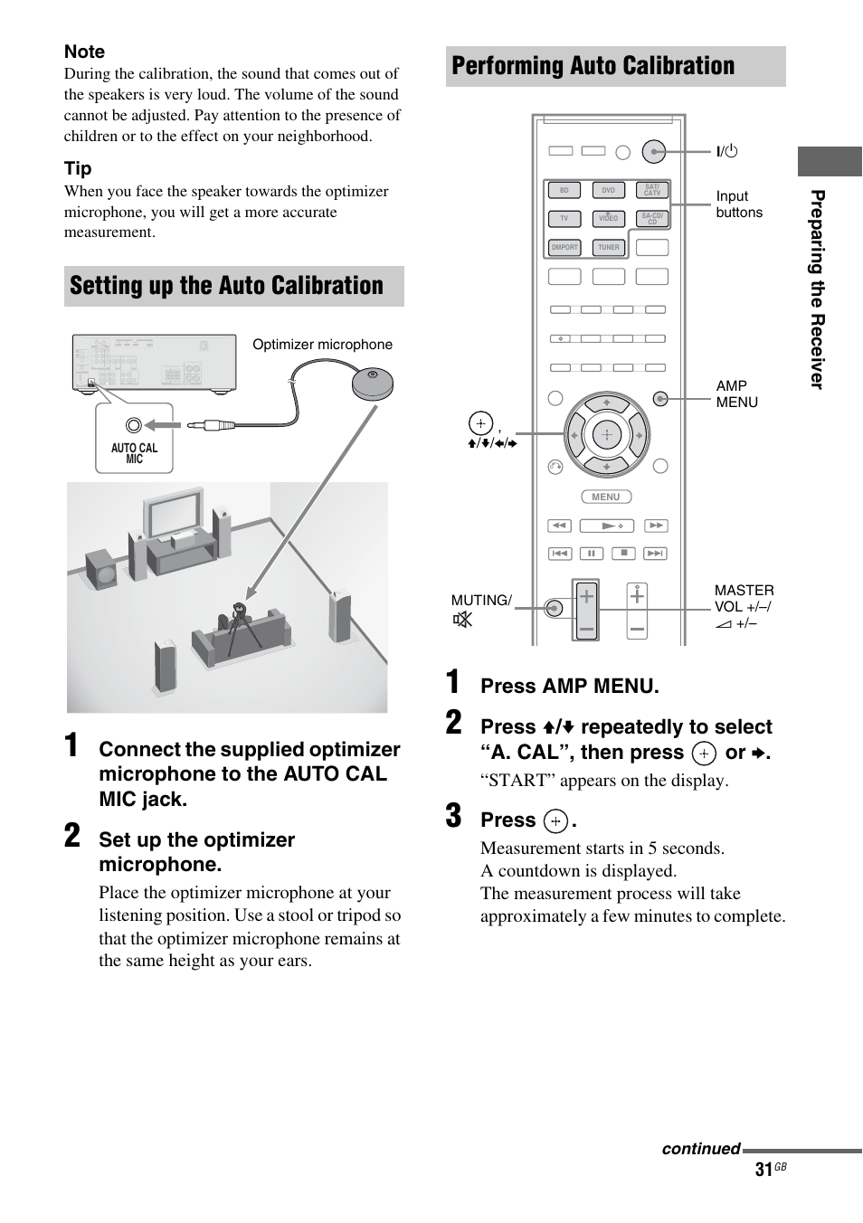 Setting up the auto calibration, Performing auto calibration, Set up the optimizer microphone | Press amp menu, Press, Start” appears on the display | Sony STR-DH510 User Manual | Page 31 / 80