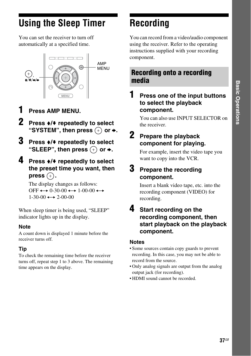 Using the sleep timer, Recording, Using the sleep timer recording | Recording onto a recording media | Sony STR-DH510 User Manual | Page 37 / 80