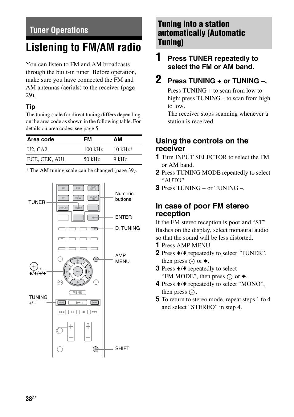 Tuner operations, Listening to fm/am radio, Using the controls on the receiver | Press tuner repeatedly to select the fm or am band, Press tuning + or tuning | Sony STR-DH510 User Manual | Page 38 / 80