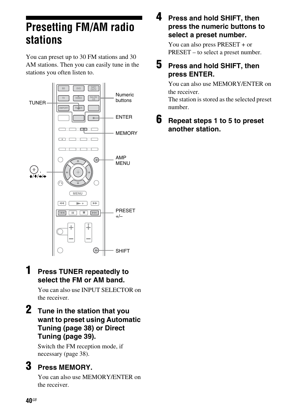Presetting fm/am radio stations, Press tuner repeatedly to select the fm or am band, Press and hold shift, then press enter | Repeat steps 1 to 5 to preset another station | Sony STR-DH510 User Manual | Page 40 / 80