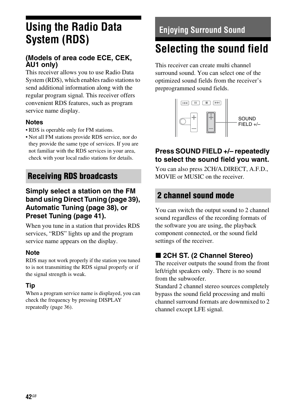 Using the radio data system (rds), Enjoying surround sound, Selecting the sound field | Models of area code ece, cek, au1 only) | Sony STR-DH510 User Manual | Page 42 / 80