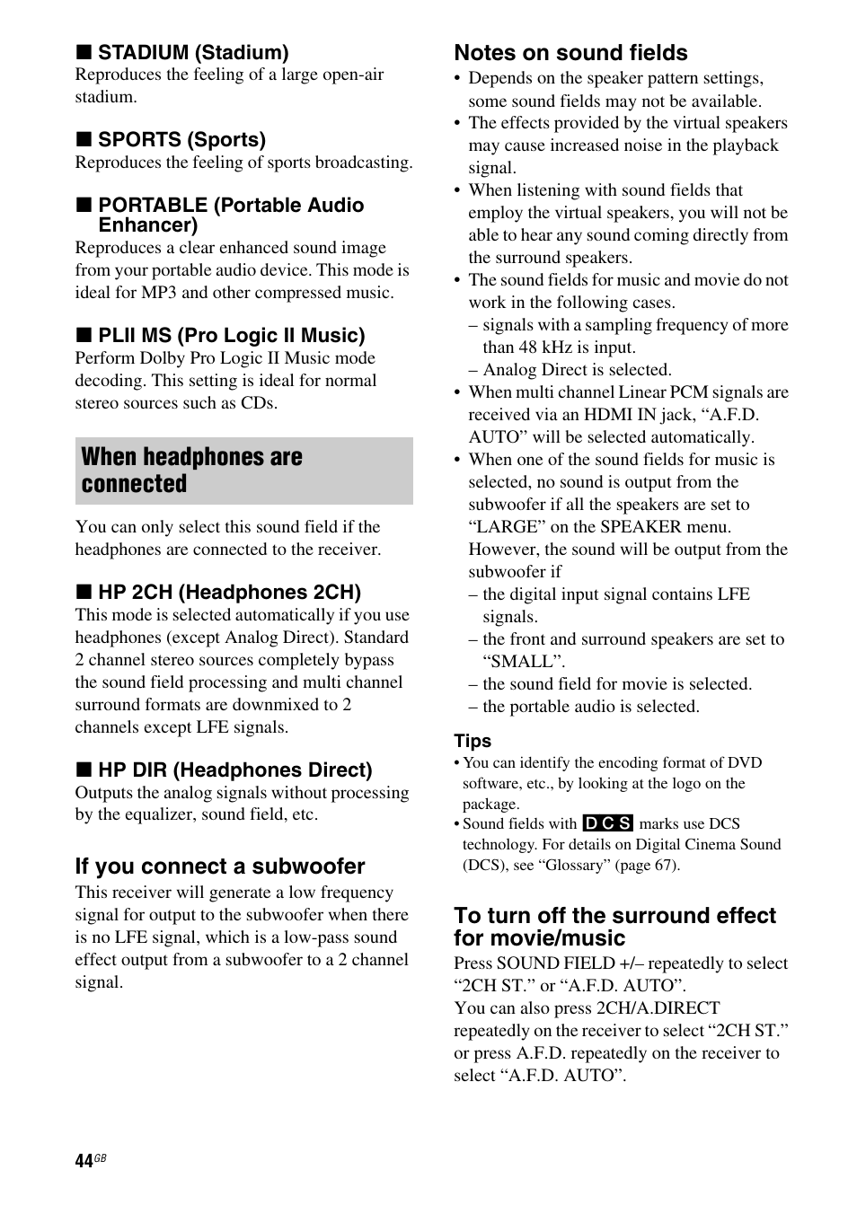 When headphones are connected, If you connect a subwoofer | Sony STR-DH510 User Manual | Page 44 / 80