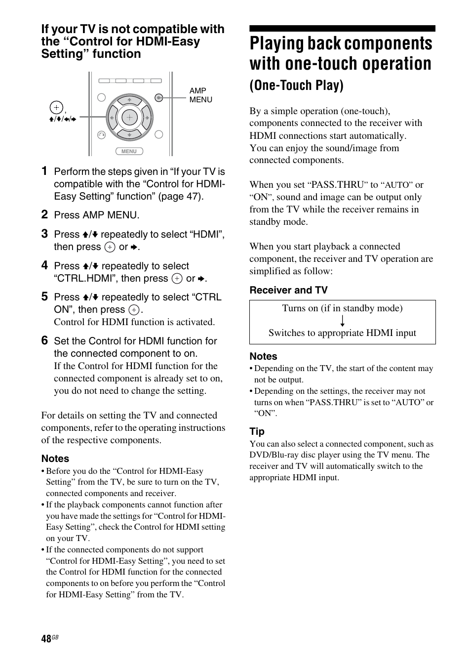 Playing back components with one-touch, Operation (one-touch play), Playing back components with one-touch operation | One-touch play) | Sony STR-DH510 User Manual | Page 48 / 80