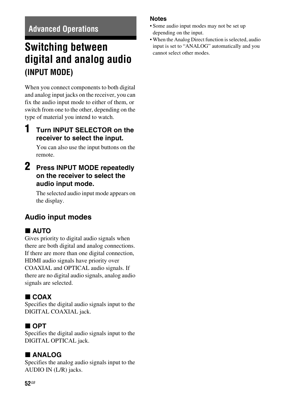 Advanced operations, Switching between digital and analog, Audio (input mode) | Switching between digital and analog audio, Input mode) | Sony STR-DH510 User Manual | Page 52 / 80