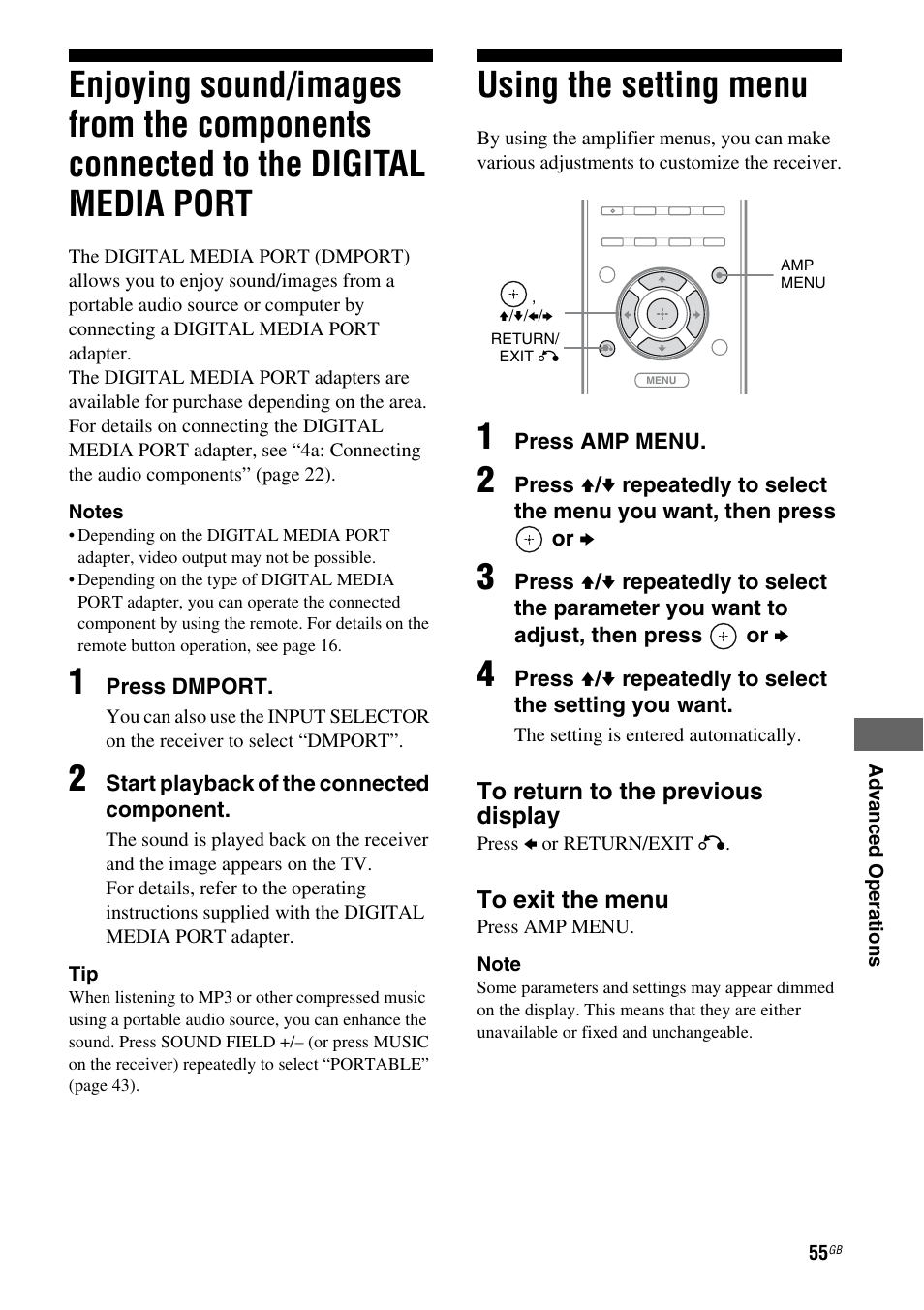 Using the setting menu, Enjoying sound/images from the, Components connected to the digital media port | Sony STR-DH510 User Manual | Page 55 / 80