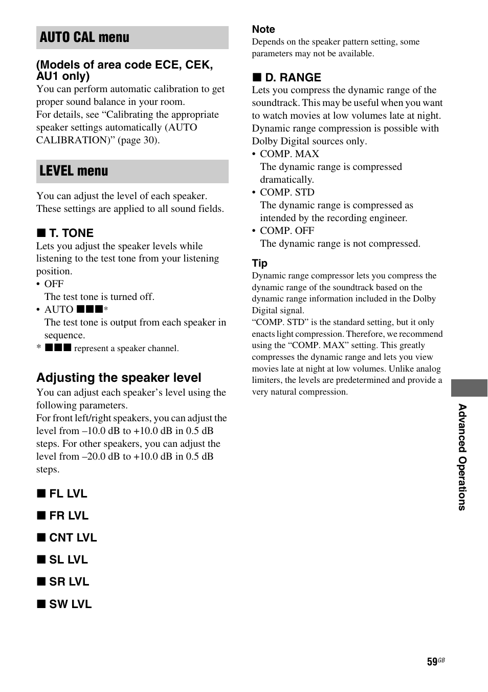 Auto cal menu level menu | Sony STR-DH510 User Manual | Page 59 / 80