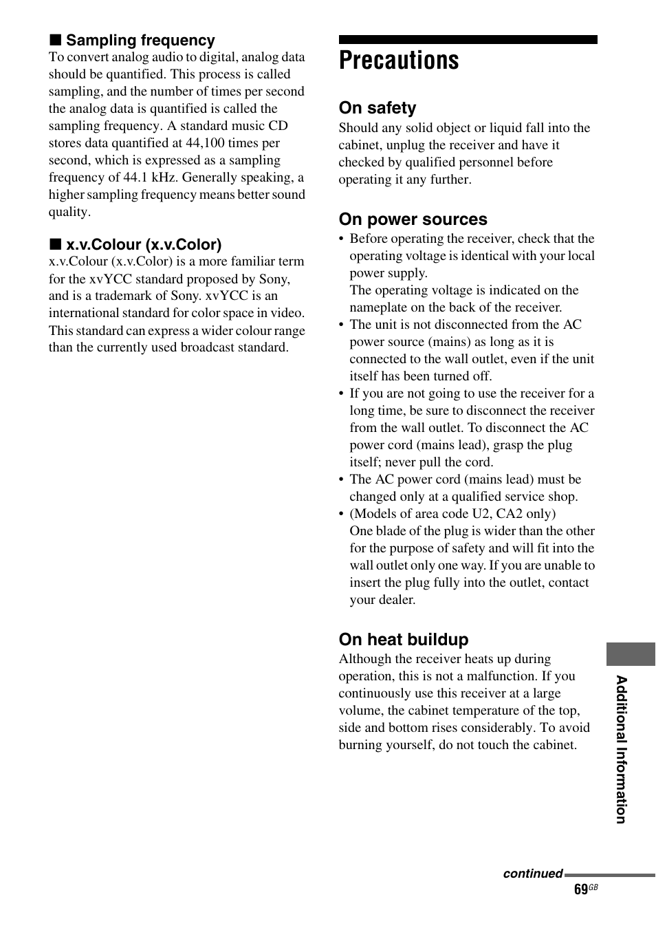 Precautions | Sony STR-DH510 User Manual | Page 69 / 80