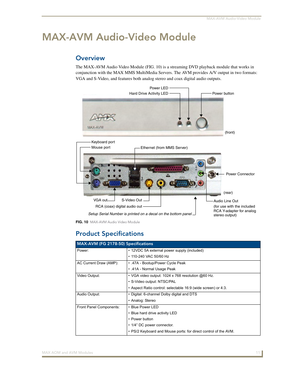 Max-avm audio-video module, Overview, Product specifications | AMX Audio-Only Module MAX-AOM User Manual | Page 13 / 26