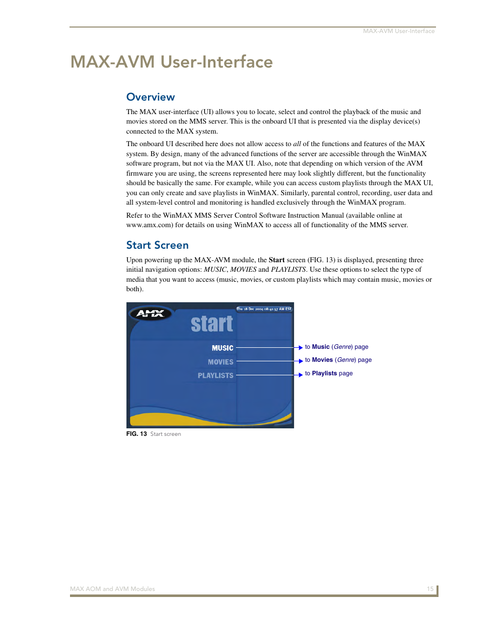 Max-avm user-interface, Overview, Start screen | AMX Audio-Only Module MAX-AOM User Manual | Page 17 / 26