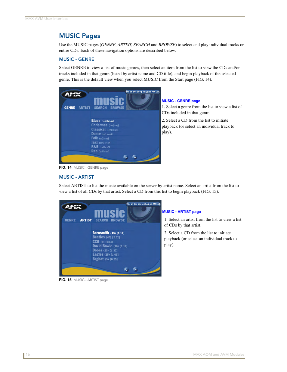 Music - genre, Music - artist, Music pages | AMX Audio-Only Module MAX-AOM User Manual | Page 18 / 26