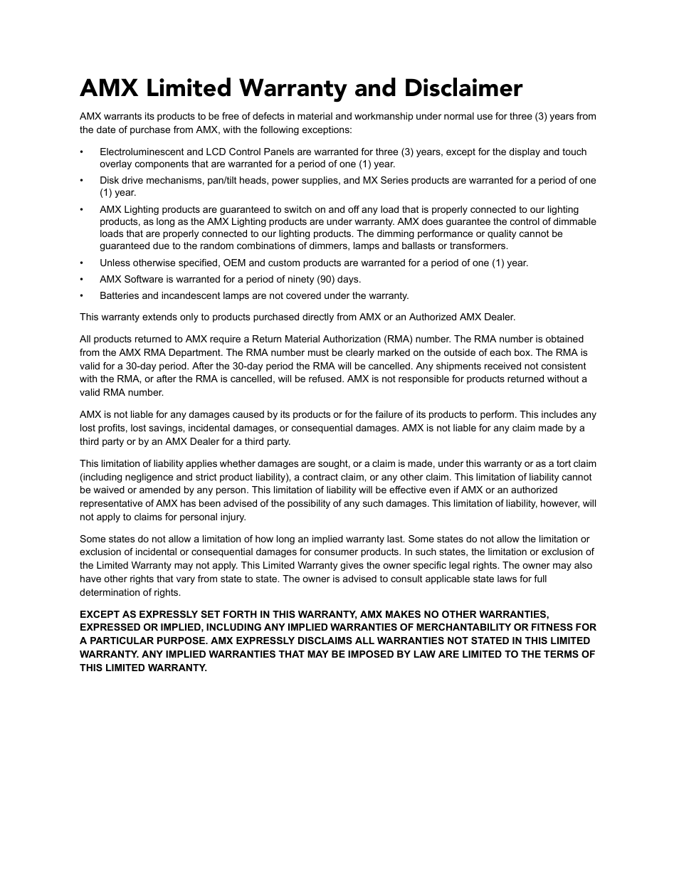 Amx limited warranty and disclaimer | AMX Audio-Only Module MAX-AOM User Manual | Page 2 / 26