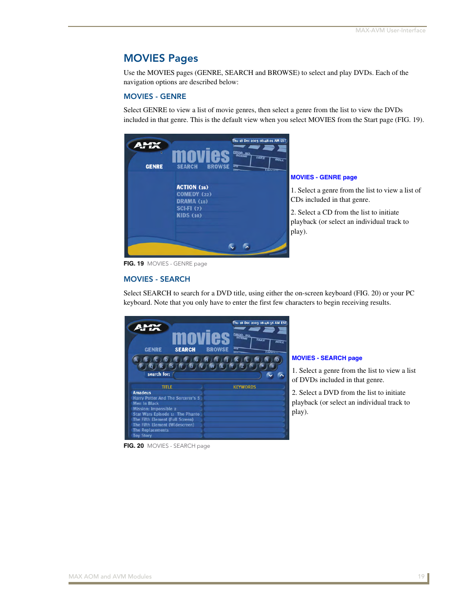 Movies - genre, Movies - search, Movies pages | AMX Audio-Only Module MAX-AOM User Manual | Page 21 / 26