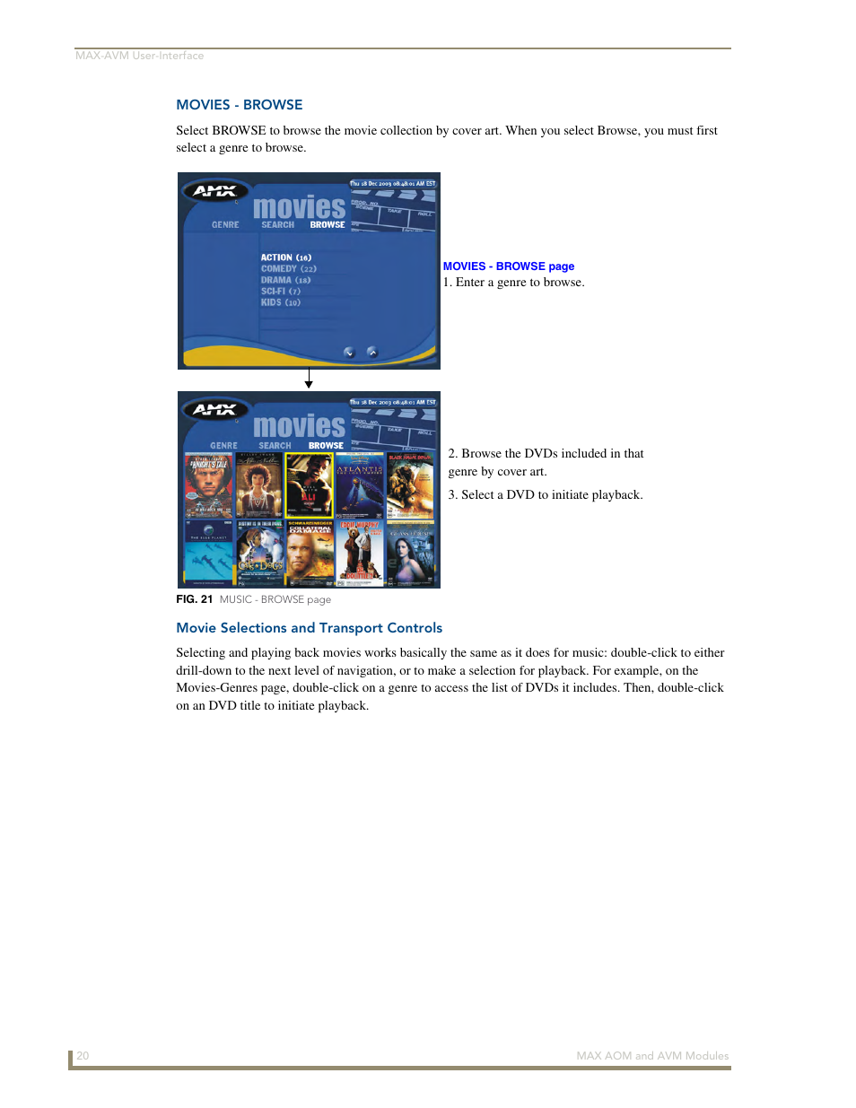 Movies - browse, Movie selections and transport controls | AMX Audio-Only Module MAX-AOM User Manual | Page 22 / 26