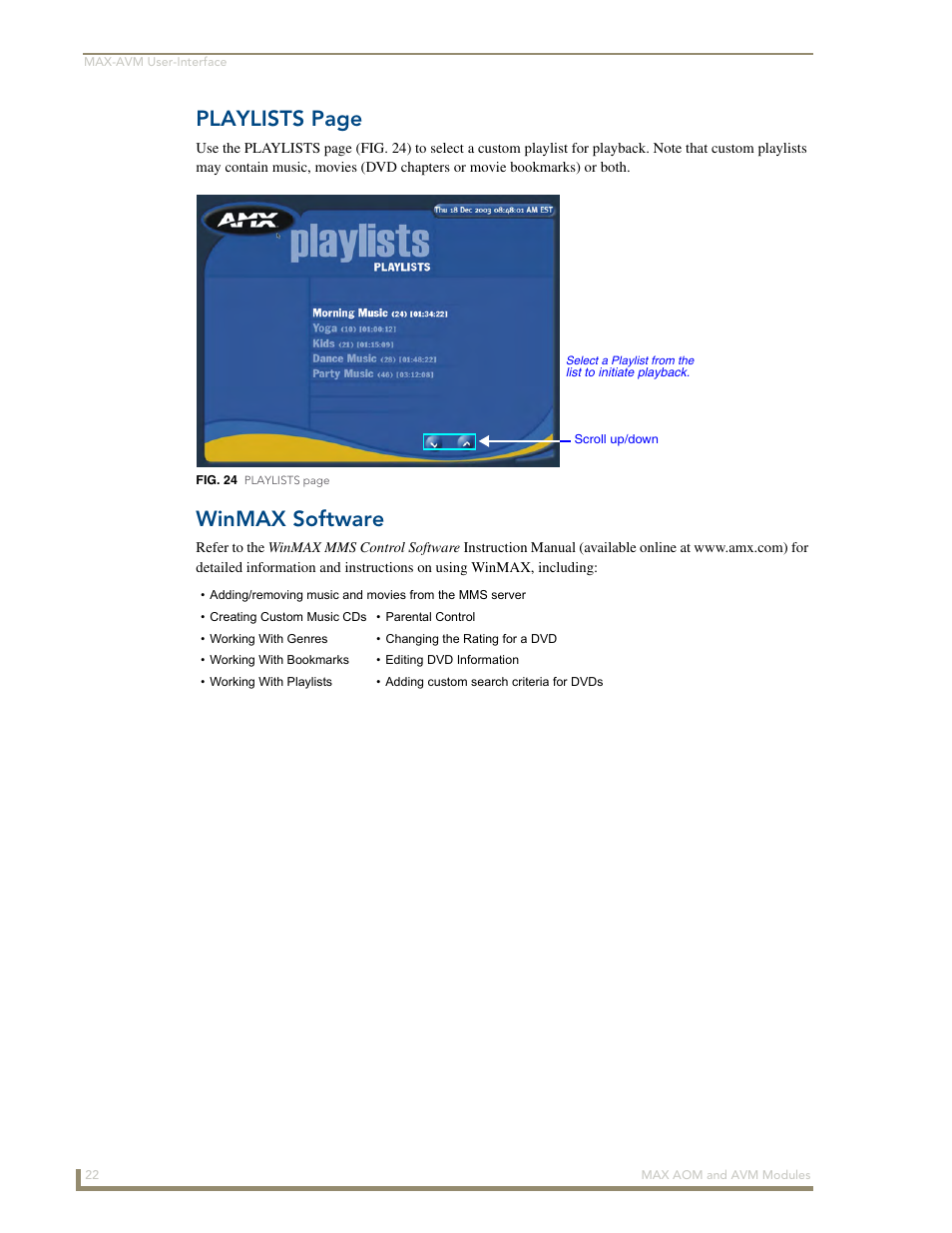 Winmax software, Playlists page | AMX Audio-Only Module MAX-AOM User Manual | Page 24 / 26