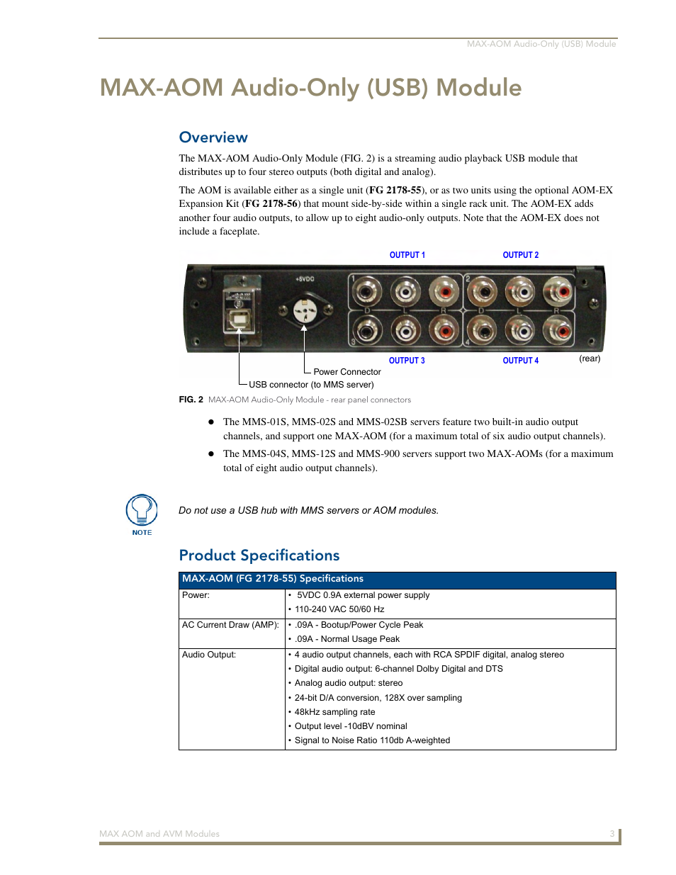 Max-aom audio-only (usb) module, Overview, Product specifications | AMX Audio-Only Module MAX-AOM User Manual | Page 7 / 26